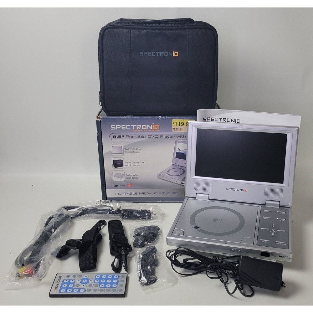 Spectroniq PDV-808 8.5" Portable DVD Player Silver Car Kit Bundle Case Box